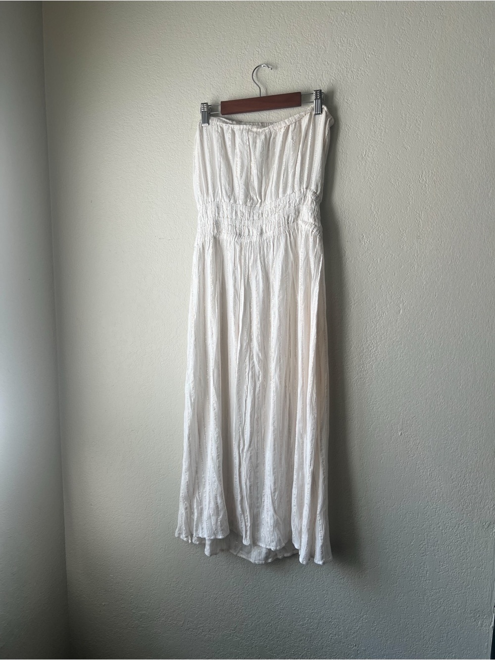 Ramy Brook White Strapless Midi Dress Metallic Lurex Smocked Waist Resort Bridal